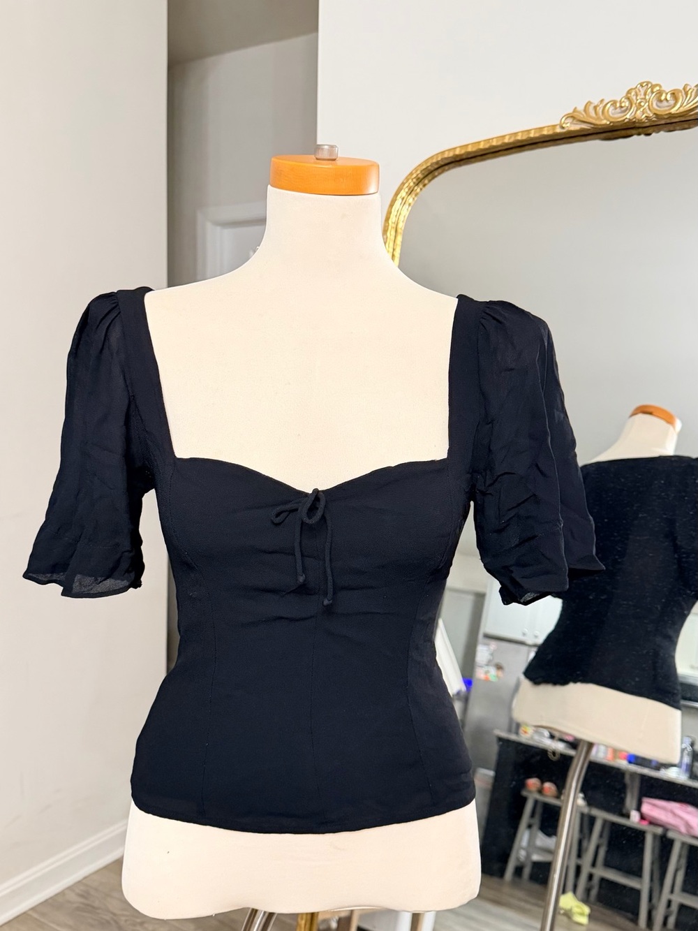 Reformation Black Square Neck Puff Sleeve Blouse
